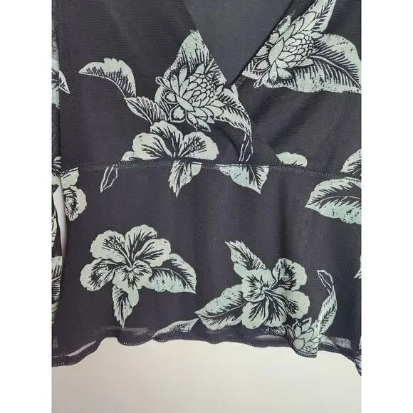 Tommy Bahama silk mesh blouse L lined sheer sleeves palm print Babydoll Y2k Boho - Picture 2 of 9